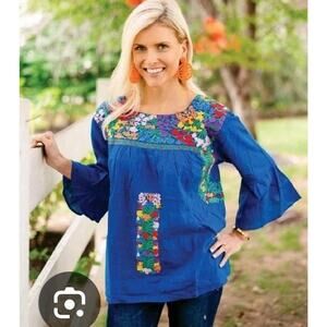 J. Marie Womens Blue Embroidered Jenna Flared Sleeve Floral Top Small
